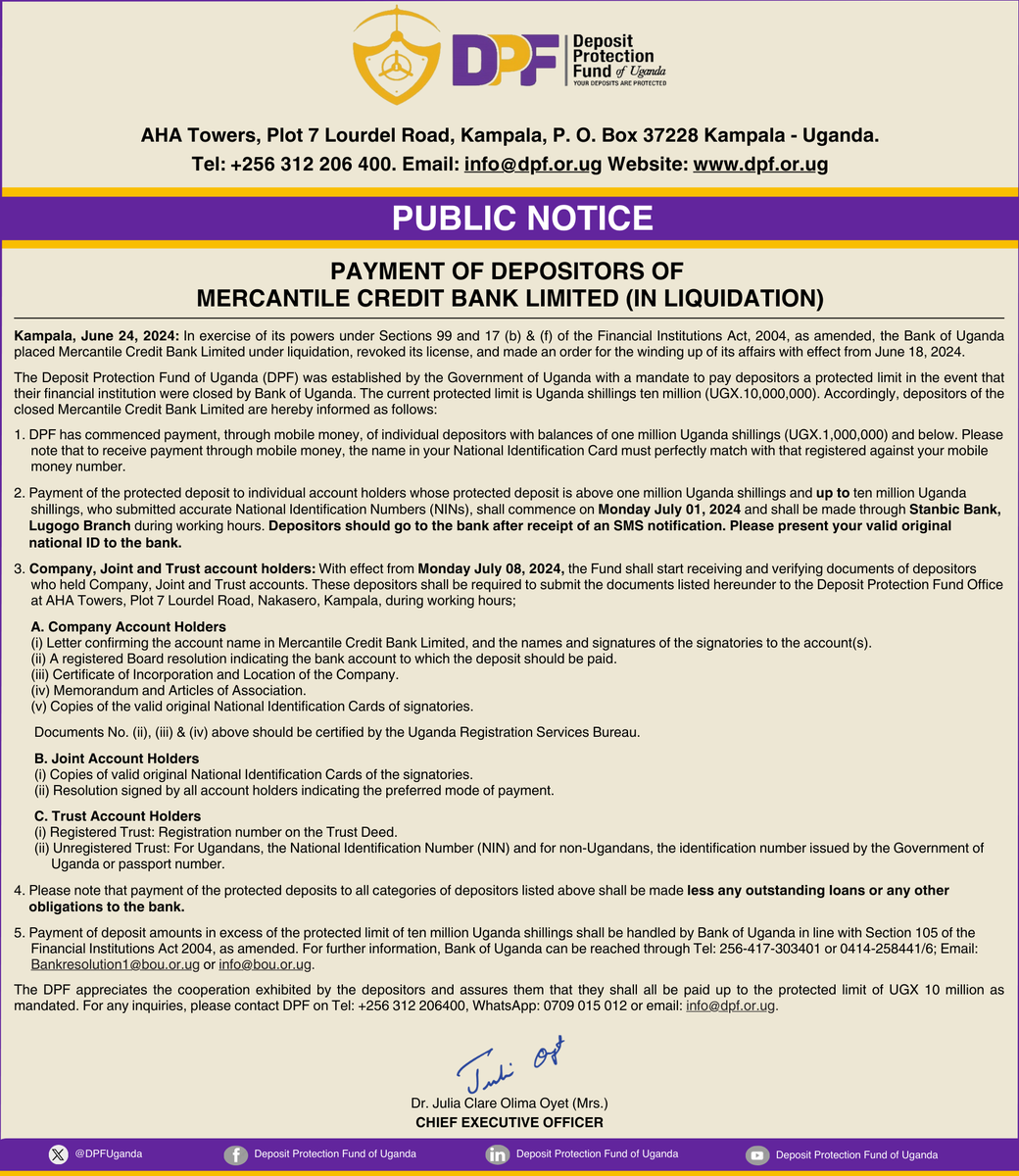 Deposit Protection Fund of Uganda (DPF) tweet media