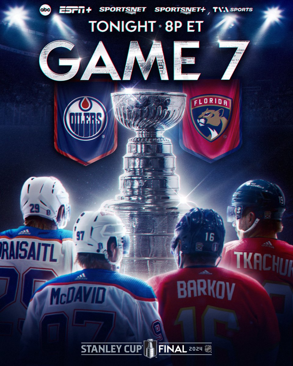 NHL (@nhl) on Twitter photo IT. ALL. COMES. DOWN. TO. THIS. 👀
Who will win the #StanleyCup?
📺: <a href="/EdmontonOilers/">Edmonton Oilers</a> vs. <a href="/FlaPanthers/">x - Florida Panthers</a> #Game7 TONIGHT at 8p ET on ABC, <a href="/ESPNPlus/">ESPN+</a>, <a href="/Sportsnet/">Sportsnet</a>, Sportsnet+, and <a href="/TVASports/">TVA Sports</a> IT. ALL. COMES. DOWN. TO. THIS. 👀
Who will win the #StanleyCup?
📺: <a href="/EdmontonOilers/">Edmonton Oilers</a> vs. <a href="/FlaPanthers/">x - Florida Panthers</a> #Game7 TONIGHT at 8p ET on ABC, <a href="/ESPNPlus/">ESPN+</a>, <a href="/Sportsnet/">Sportsnet</a>, Sportsnet+, and <a href="/TVASports/">TVA Sports</a>