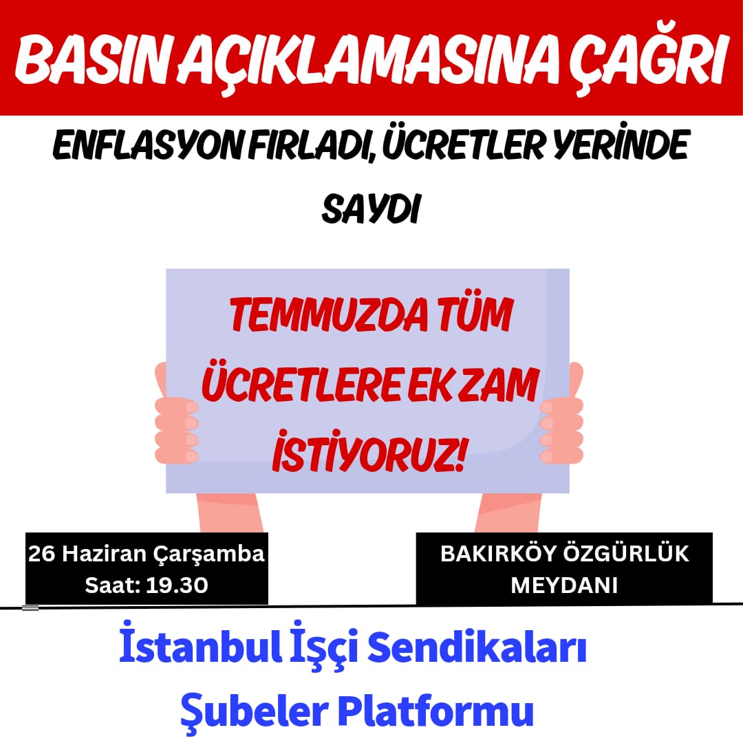 Ücretlere Ek Zam İstiyoruz!

Sermayeye “vergi indirimi" adı altında tanınan ayrıcalıklara son verin. 

Asgari ücretliye, kamu ve sanayi işçisine, memura, emekliye, yoksulluk sınırı altındaki milyonlara kaynak ayırın.
 
#TemmuzdaZamŞart
#TemmuzdaEkZam

Buluşuyoruz 👇