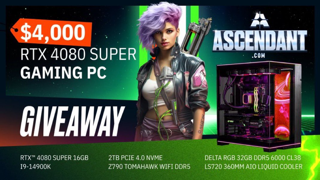 $4,000 RTX 4080 super Gaming PC Giveaway!  

To enter, perform these tasks via the link below:

🔁  Retweet + Like    

⚡️  Follow <a href="/AscendantGame/">ASCENDANT - Wishlist on Steam</a> 

Enter here: vast.link/Ascendant