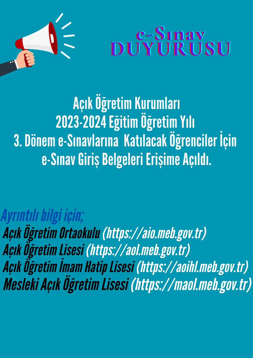 Açık Öğretim Kurumları 2023-2024 Eğitim Öğretim Yılı 3. Dönem e-Sınavlarına Katılacak Öğrenciler İçin e-Sınav Giriş Belgeleri Erişime Açıldı.

#HayatBoyuYanınızdayız

<a href="/tcmeb/">Millî Eğitim Bakanlığı</a> 
<a href="/Yusuf__Tekin/">Yusuf Tekin</a>
<a href="/CelileErenOKTEN/">Celile Eren ÖKTEN</a>
<a href="/cengizmete/">Cengiz Mete</a>