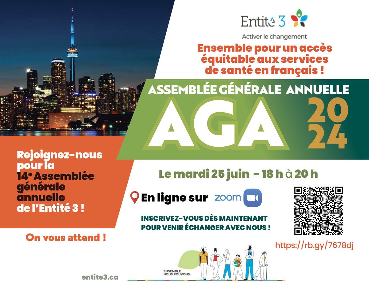 Soyez des nôtres pour notre AGA qui aura lieu en mode virtuel le mardi 25 juin de 18h à 20h. Inscrivez-vous dès maintenant en cliquant sur ce lien:  rb.gy/7678dj
#SantéEnFrançais #santéON #TOfr #onfr