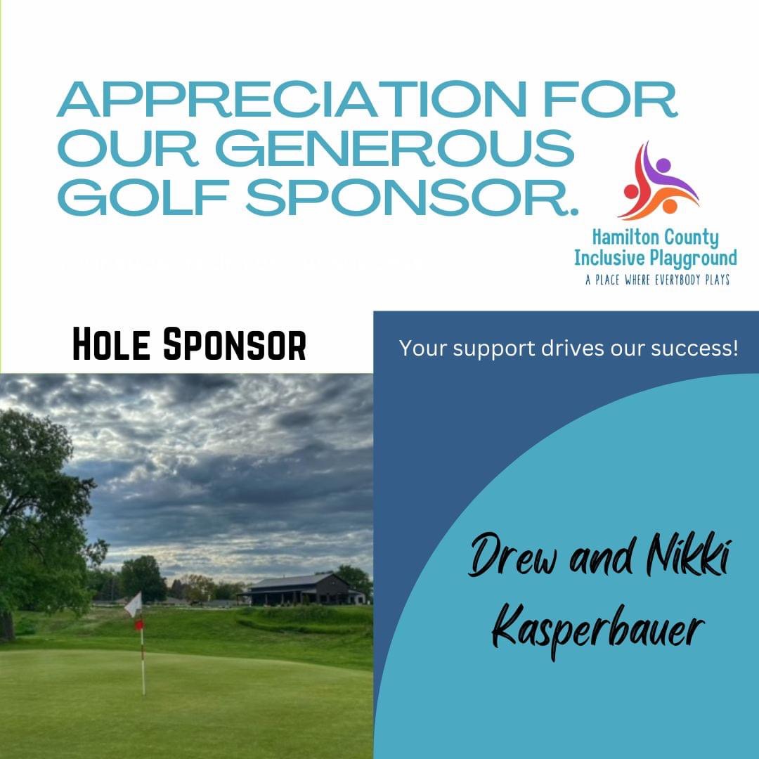"Golfing for Greatness!" THANK YOU, Drew and Nikki Kasperbauer, for your HOLE sponsorship in our "Par for the Playground" golf tournament! Your support is appreciated!
#APlaceWhereEverybodyPlays