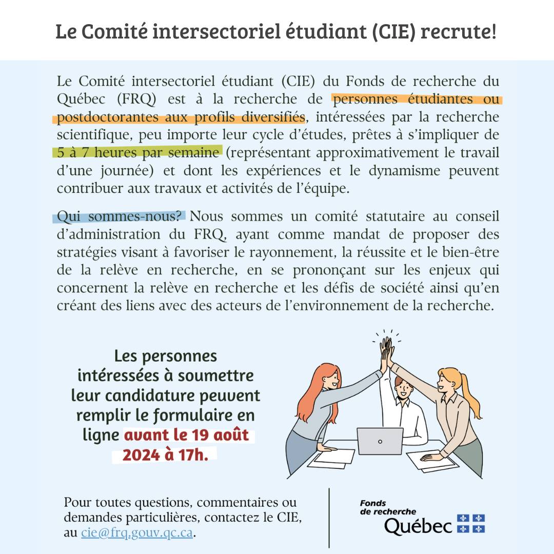 RQSPAL (@rqspal) on Twitter photo Le Comité intersectoriel étudiant du Fonds de recherche du Québec recrute ! 🔍Remplissez le formulaire en ligne dès maintenant si vous êtes intéressé∙es. 📝
Pour toute l'information nécessaire
👉 bit.ly/3VWeKmX
#cieFRQ #communautéFRQ <a href="/FRQS1/">FRQ - secteur Santé</a> <a href="/FRQSC/">FRQ - secteur Société et culture</a> <a href="/FRQ_NT/">FRQ - secteur Nature et technologies</a> <a href="/SciChefQC/">Rémi Quirion</a> Le Comité intersectoriel étudiant du Fonds de recherche du Québec recrute ! 🔍Remplissez le formulaire en ligne dès maintenant si vous êtes intéressé∙es. 📝
Pour toute l'information nécessaire
👉 bit.ly/3VWeKmX
#cieFRQ #communautéFRQ <a href="/FRQS1/">FRQ - secteur Santé</a> <a href="/FRQSC/">FRQ - secteur Société et culture</a> <a href="/FRQ_NT/">FRQ - secteur Nature et technologies</a> <a href="/SciChefQC/">Rémi Quirion</a>