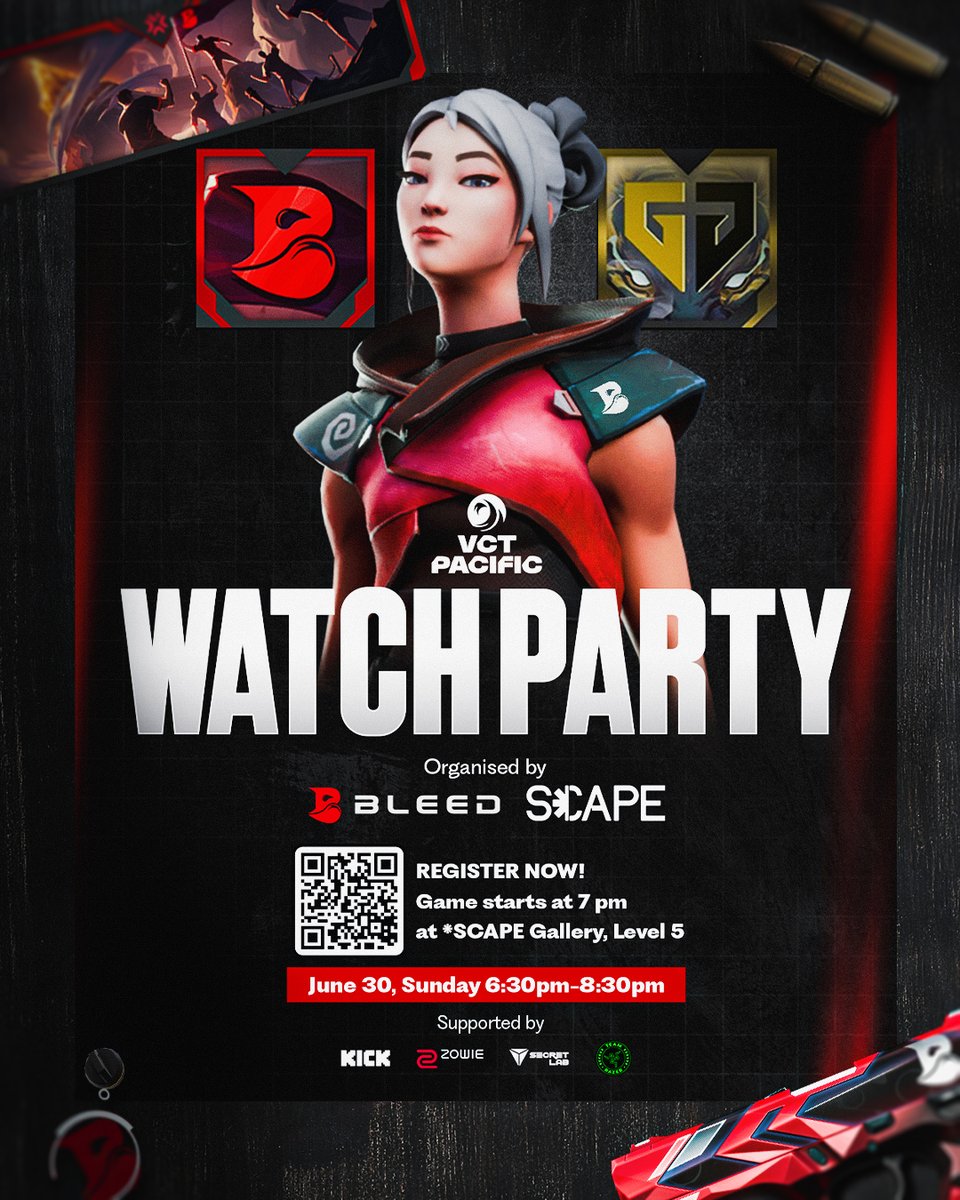 ‼️ EVERYONE IS INVITED! ‼️
Join us on our #VCTPacific Stage 2 Viewing Party as we face off against GEN.G!

🗓️Date: June 30, Sunday, 6:30 PM - 8:30 PM
📍Venue: SCAPE Gallery, Level 5, 2 Orchard Link, Singapore

Doors open at 6pm and admission is FREE! Food and drinks are also free