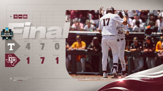 HSupdate2's tweet image. Men's College World Series DI Baseball Championship

@AggieBaseball  @12thMan 
#TEXAS A&amp;amp;M
(52-14-0)
vs #TENNESSEE
(57-13-0)
@Vol_Sports @Vol_Baseball 
JUNE 24, 2024 - 11:00 PM UTC
#GigEm x #MCWS