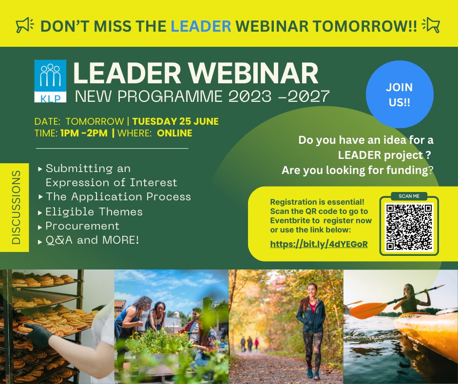 Reminder: LEADER WEBINAR Tomorrow! 📢

Join us tomorrow, 25th June at 1PM for our exclusive LEADER WEBINAR! 🎉

We'll be diving into the new LEADER programme, covering everything you need to know about applying for funding and much more.

👉 Register : bit.ly/4dYEGoR