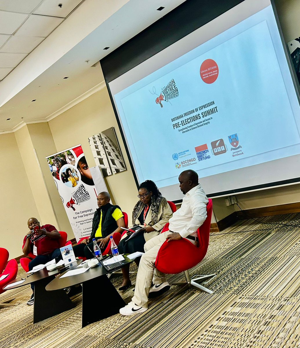 A panel of politicians discussing social media disinformation challenges during their campaigns includes Mr. Boniface Bashi Blanca Mabeo (Botswana Congress Party), Mrs. Kebuang Nono Kgafela Mokoka (Umbrella for Democratic Change), and Mr. Bonang Bakang Kolobe (BMD).