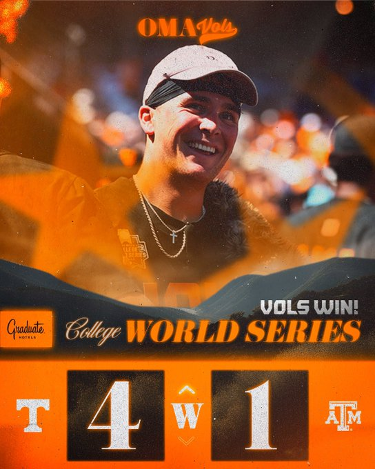 HSupdate2's tweet image. Men's College World Series DI Baseball Championship

@AggieBaseball  @12thMan 
#TEXAS A&amp;amp;M
(52-14-0)
vs #TENNESSEE
(57-13-0)
@Vol_Sports @Vol_Baseball 
JUNE 24, 2024 - 11:00 PM UTC
#GigEm x #MCWS
