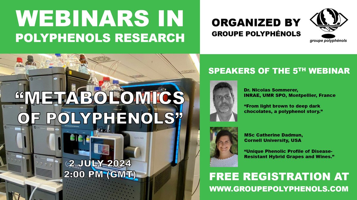 The fifth Webinar in Polyphenols Research titled “Metabolomics of polyphenols” is held 2 July 2024 at 2 pm (GMT), and hosted by Prof. Panagiotis Arapitsas. Please save the date and register for the free webinar via iastate.webex.com/weblink/regist…
#webinar #groupepolyphenols #polyphenols