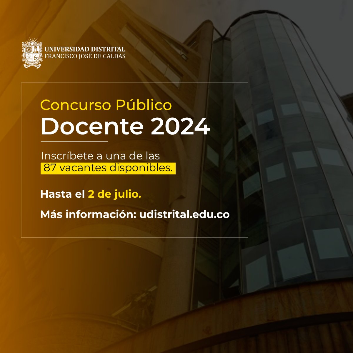 #ConvocatoriasUD || 👩‍🏫Para el Concurso Público Docente 2024 tenemos 87 vacantes disponibles.
Algunos de los criterios de evaluación son:
Prueba escrita, licenciatura en lengua extranjera y presentación oral.📝
Información: udistrital.edu.co