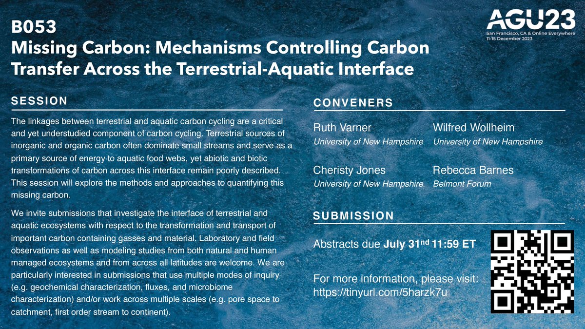 Cherry Jones (@cheristyjones) on Twitter photo It's that time of year again for #AGU24 abstracts!
Consider submitting to our session on lateral carbon transport from #terrestrial to #aquatic systems!
<a href="/theAGU/">AGU (American Geophysical Union)</a> <a href="/AGUbiogeo/">AGU Biogeosciences</a> <a href="/AGU_H3S/">AGU Hydrology H3S</a> <a href="/Hydrology_AGU/">Hydrology Section AGU</a> It's that time of year again for #AGU24 abstracts!
Consider submitting to our session on lateral carbon transport from #terrestrial to #aquatic systems!
<a href="/theAGU/">AGU (American Geophysical Union)</a> <a href="/AGUbiogeo/">AGU Biogeosciences</a> <a href="/AGU_H3S/">AGU Hydrology H3S</a> <a href="/Hydrology_AGU/">Hydrology Section AGU</a>