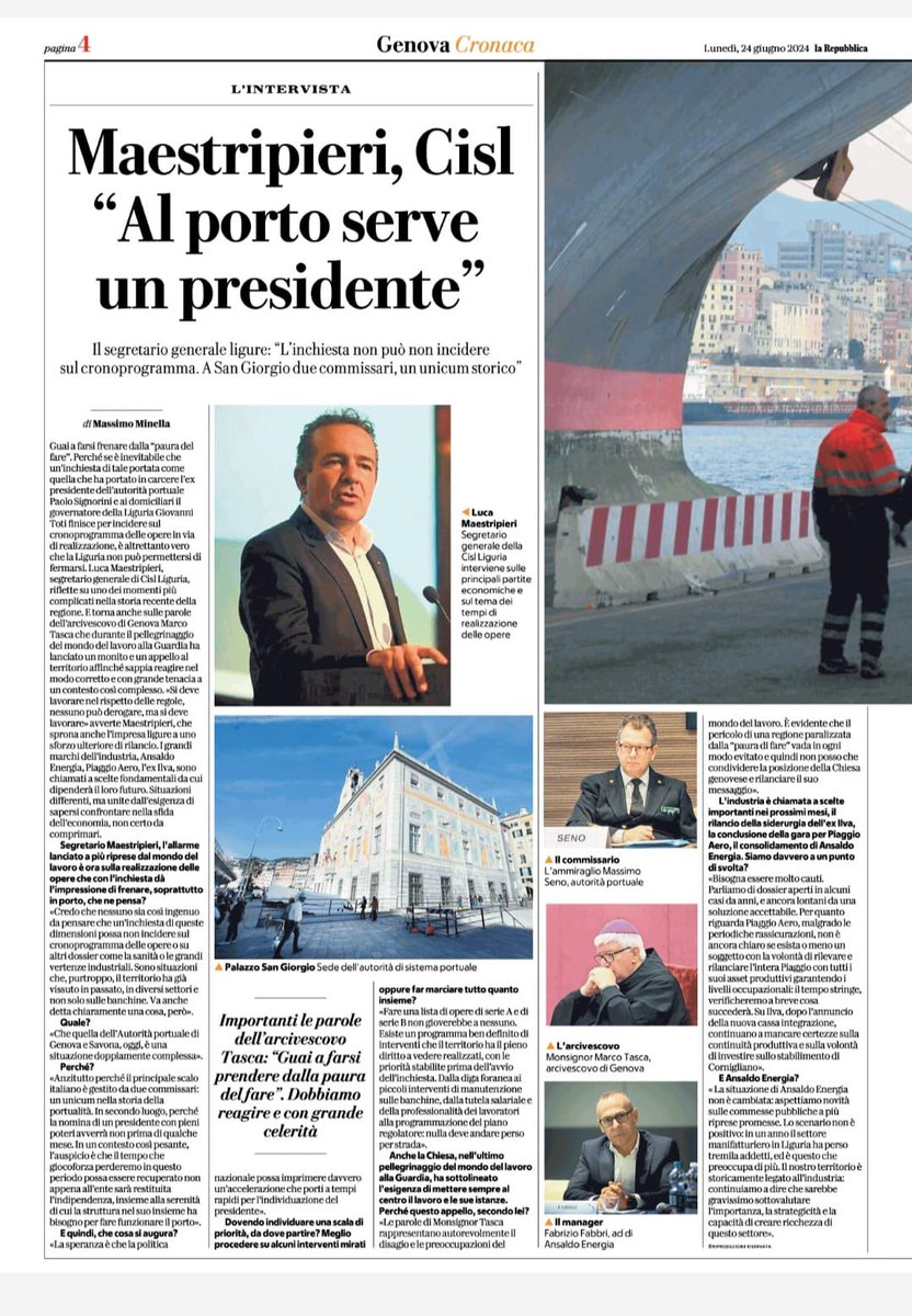 CislLiguria's tweet photo. Intervista al segretario generale Cisl Liguria Luca Maestripieri su @rep_genova : “Guai a farsi prendere dalla paura del fare” @CislNazionale https://t.co/RM24ZTVkj8