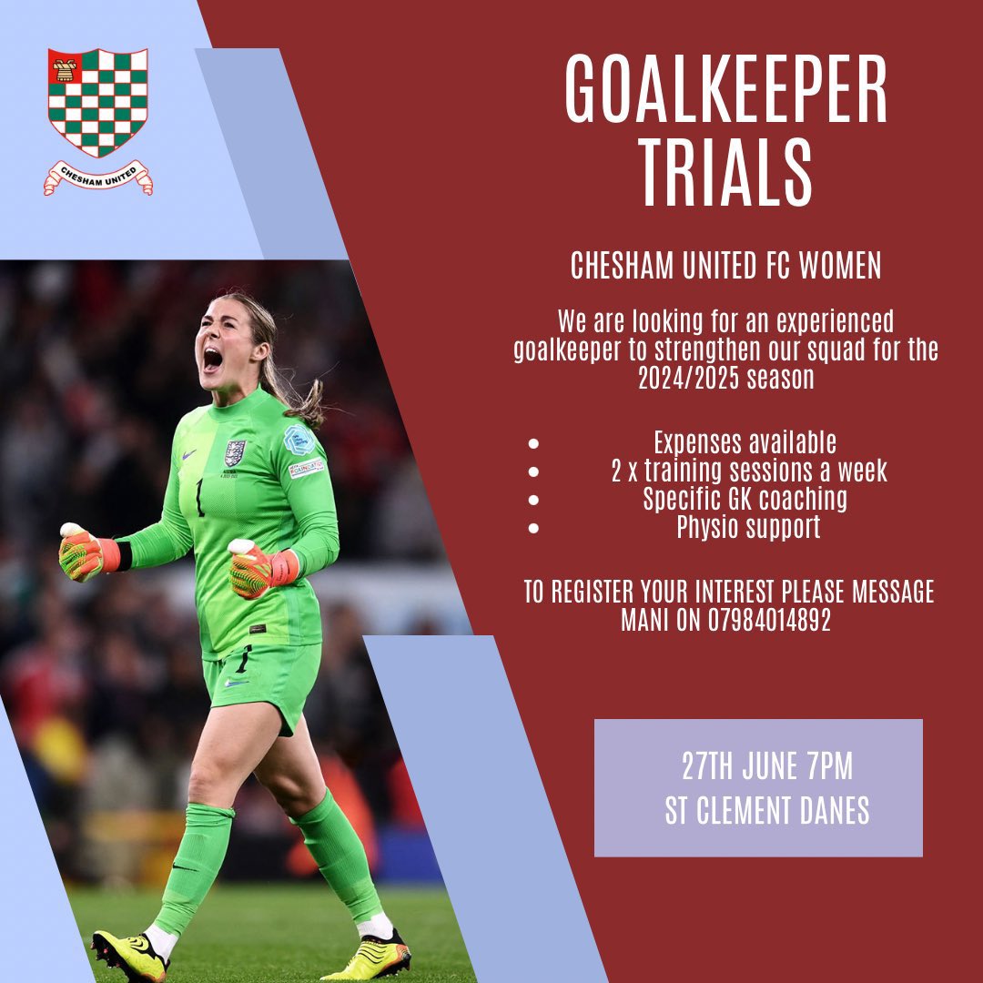 cheshamutdlfc's tweet photo. This Thursday 👇🏻. Get in touch if you’re keen to come along. We’re looking for an experienced goalkeeper to strengthen our squad for the 24/25 season. 💥 https://t.co/vose414Ir7