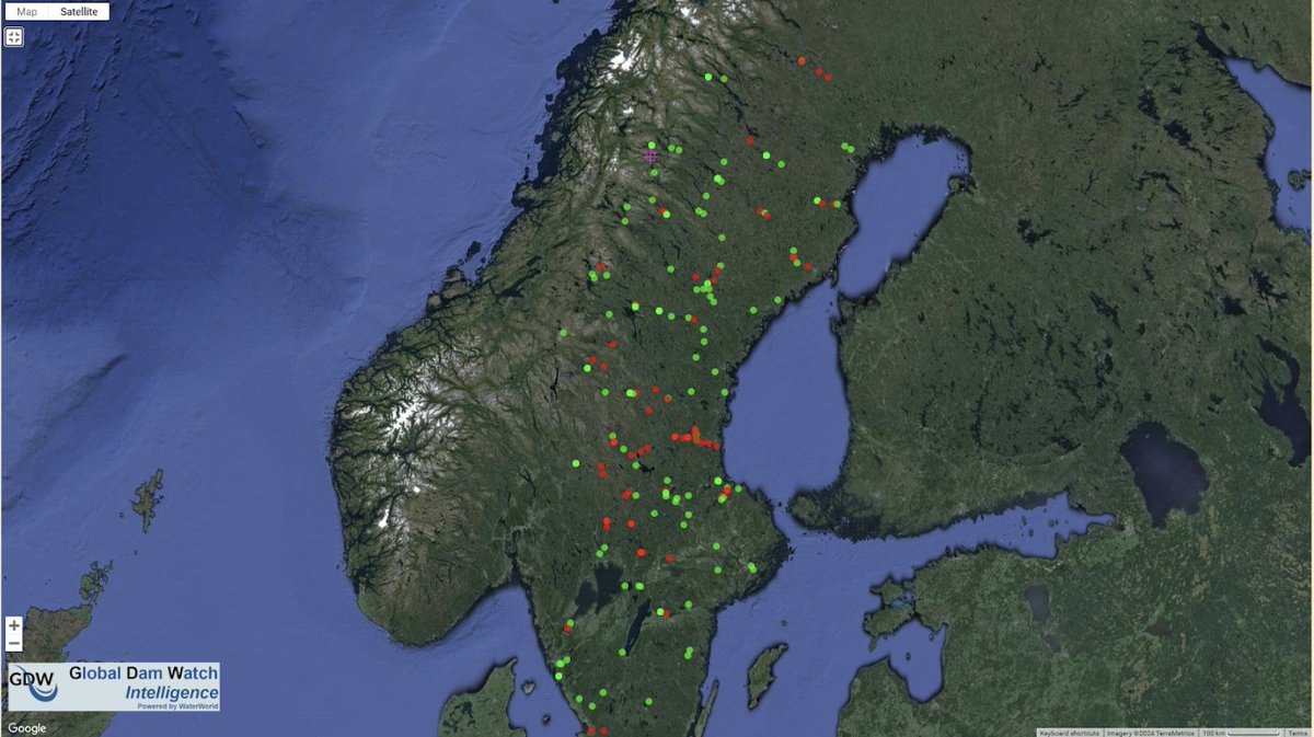 Today's dam of the week is the Tränsglet Dam in Sweden. It was built in 1974 and has a 125m wall that spans the Dal River. Sweden has at least 10,000 dams with a total reservoir storage volume of &gt;34.7 km³ and HEP generating capacity of &gt;28k GWh.  #DamOfTheWeek