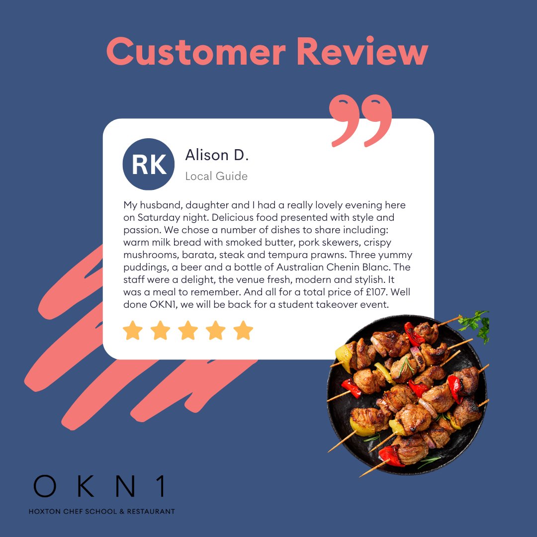 We love hearing from our amazing guests! Here's what Alison D. had to say about her recent visit to OKN1🍽️

Thank you, Alison, for your kind words! We're thrilled you enjoyed your time with us.

#okn1 #googlereview #feedback #restaurant #london #shoreditch #hoxton #hackney