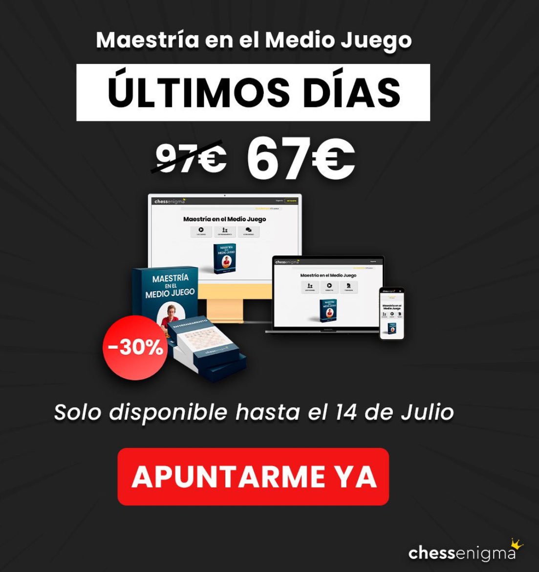 David Antón (@danton55) on Twitter photo Contento de anunciar que ya está a la venta mi curso en colaboración con <a href="/chess_enigma/">ChessEnigma</a> y <a href="/rey_enigma/">Rey Enigma</a>
Lo podéis encontrar aquí y si estáis interesados ahora es el mejor momento para comprarlo. ¡Espero que os guste! chessenigma.com/maestria-en-el… Contento de anunciar que ya está a la venta mi curso en colaboración con <a href="/chess_enigma/">ChessEnigma</a> y <a href="/rey_enigma/">Rey Enigma</a>
Lo podéis encontrar aquí y si estáis interesados ahora es el mejor momento para comprarlo. ¡Espero que os guste! chessenigma.com/maestria-en-el…