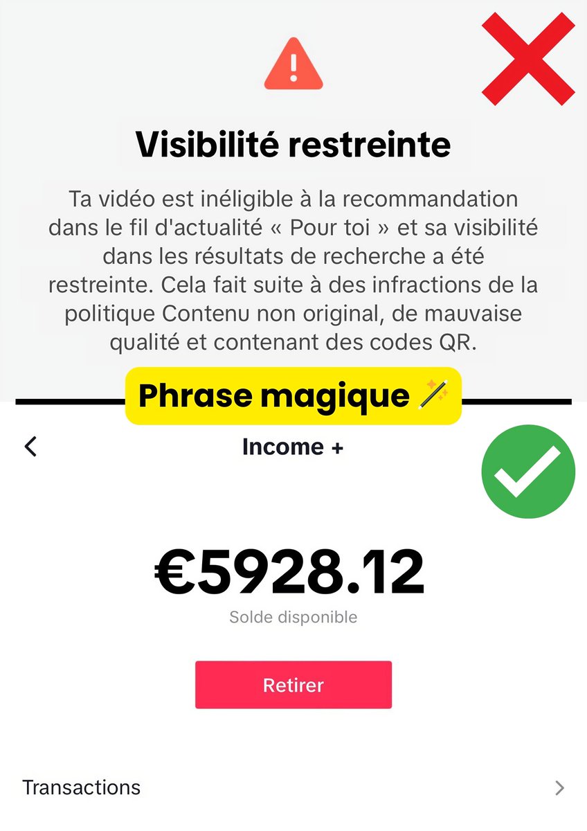 baldwintiktok's tweet image. 🚨 Ta vidéo TikTok s'est faite démonétiser pour « Contenu non original » ?

Je t'envoie LA PHRASE MAGIQUE pour gagner 100% de tes demandes de contestation 🪄

🎁 GRATUITEMENT pendant 24 heures (Valeur inestimable) 🎁

- RT
- Commente ''PHRASE''

(Tu dois me follow 🤝)
