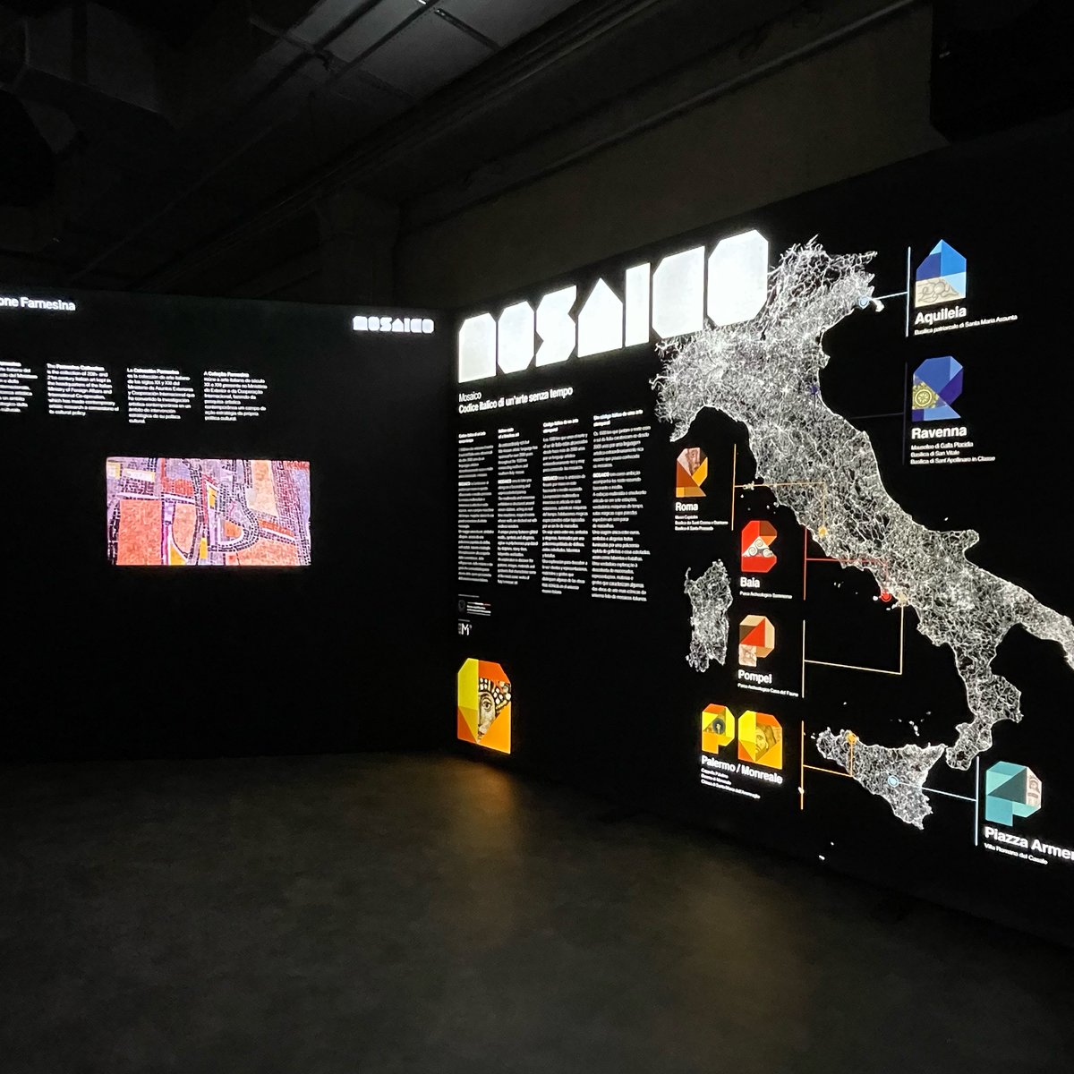 MOSAICO. Codice Italico di un’arte senza tempo approda al MIS Experience di San Paolo (22/06-18/08/24): materiali d’archivio, animazioni grafiche, riprese video con droni e subacquee e una inedita colonna sonora, per scoprire le opere musive più iconiche dell’arte italiana.