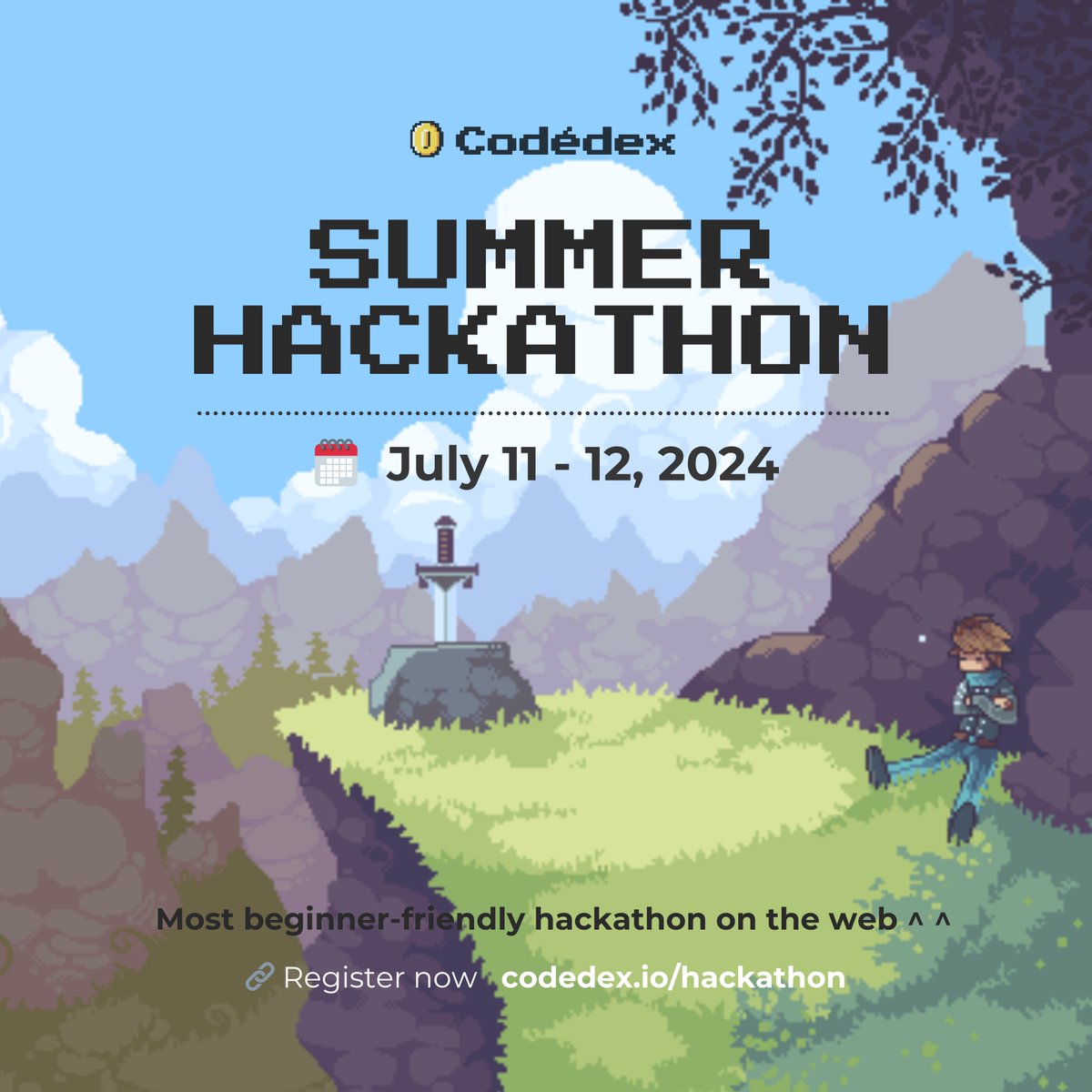 THE summer hackathon is here. ☀️  

7/11 - 7/12 for 24 hours.   
5+ technical workshops.  
mentorship, office hours, fireside chats.  
$10,000+ prizes.   

and it’s all FREE.  

register now: codedex.io/hackathon