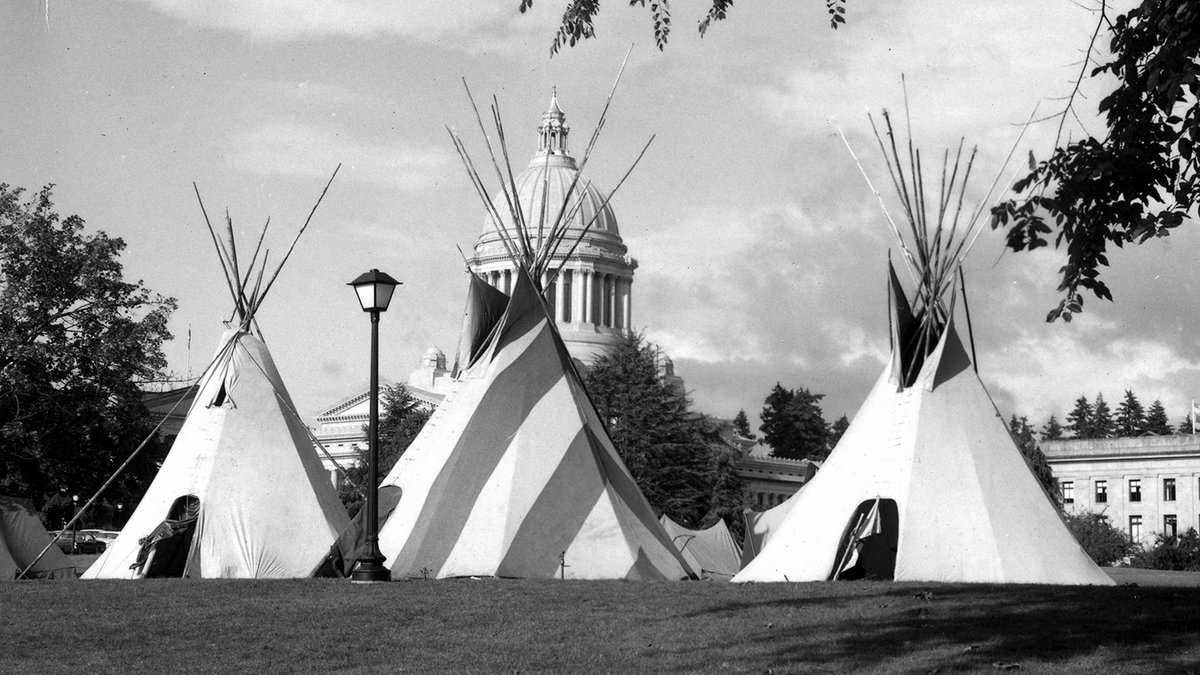 This week in June 1968: Janet McCloud, also known as Yet-Si-Blue, led a group of demonstrators to the capitol grounds in Olympia. They were protesting the restriction of their fishing rights guaranteed by the 1854 Treaty of Medicine Creek. #waleg #BoldtDecision #FishWars