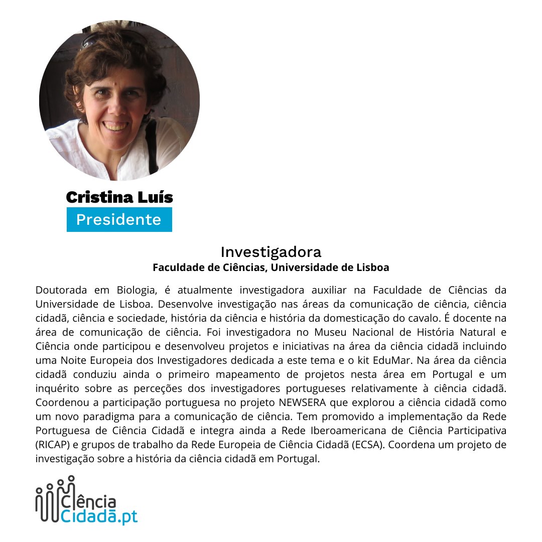 📌 Começamos o mês a apresentar a nova equipa/fundadora da <a href="/RedeCC_PT/">Rede Portuguesa de Ciência Cidadã</a>.

Hoje apresentamos a nossa Presidente, Cristina Luís

➡️ É investigadora da Faculdade de Ciências da Universidade de Lisboa e é uma das precursoras deste "movimento" no nosso país.

Saibam mais na imagem 🙌