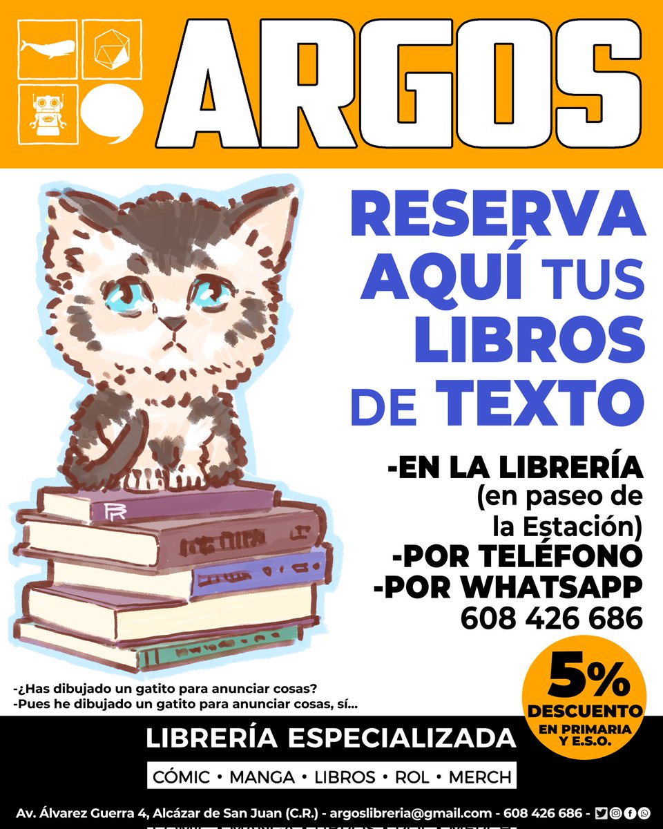 Argoslibreria's tweet image. Ya está de vuelta nuestro gatete tendero de libros de texto. Pide tu presupuesto de libros de texto, sin compromiso y con un 5% de descuento fijo y directo sobre el precio. No esperéis y reservad, que luego falta alguno y es difícil de encontrar! 

#argoslibreria #librosdetexto