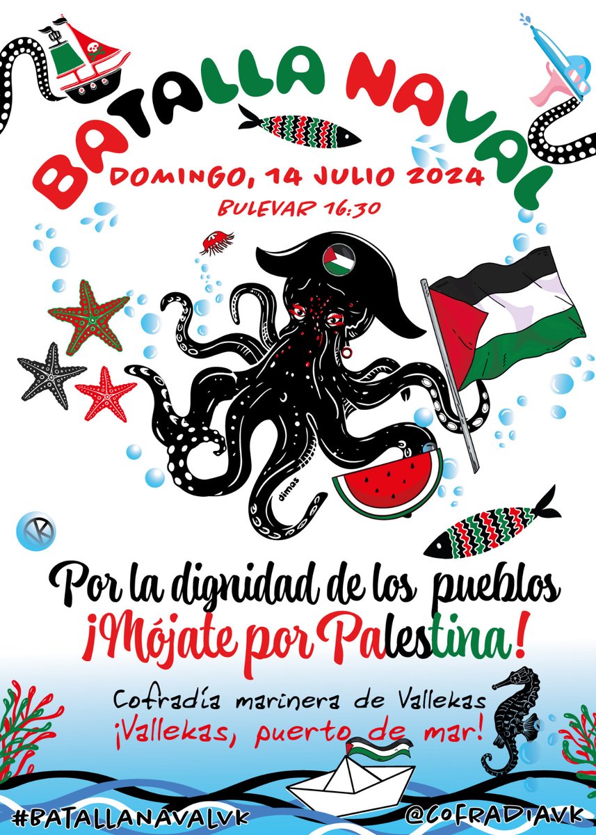 💦💦 El lema de este año va en sintonía con nuestra fiesta hermana, la Karmela. Por la dignidad de los pueblos… ¡Mójate por Palestina! #VallekasPuertoDeMar #BatallaNavalVK #stopgenocidio Difunde!!
#MojateporPalestina #42añosdeutopía 💦💦