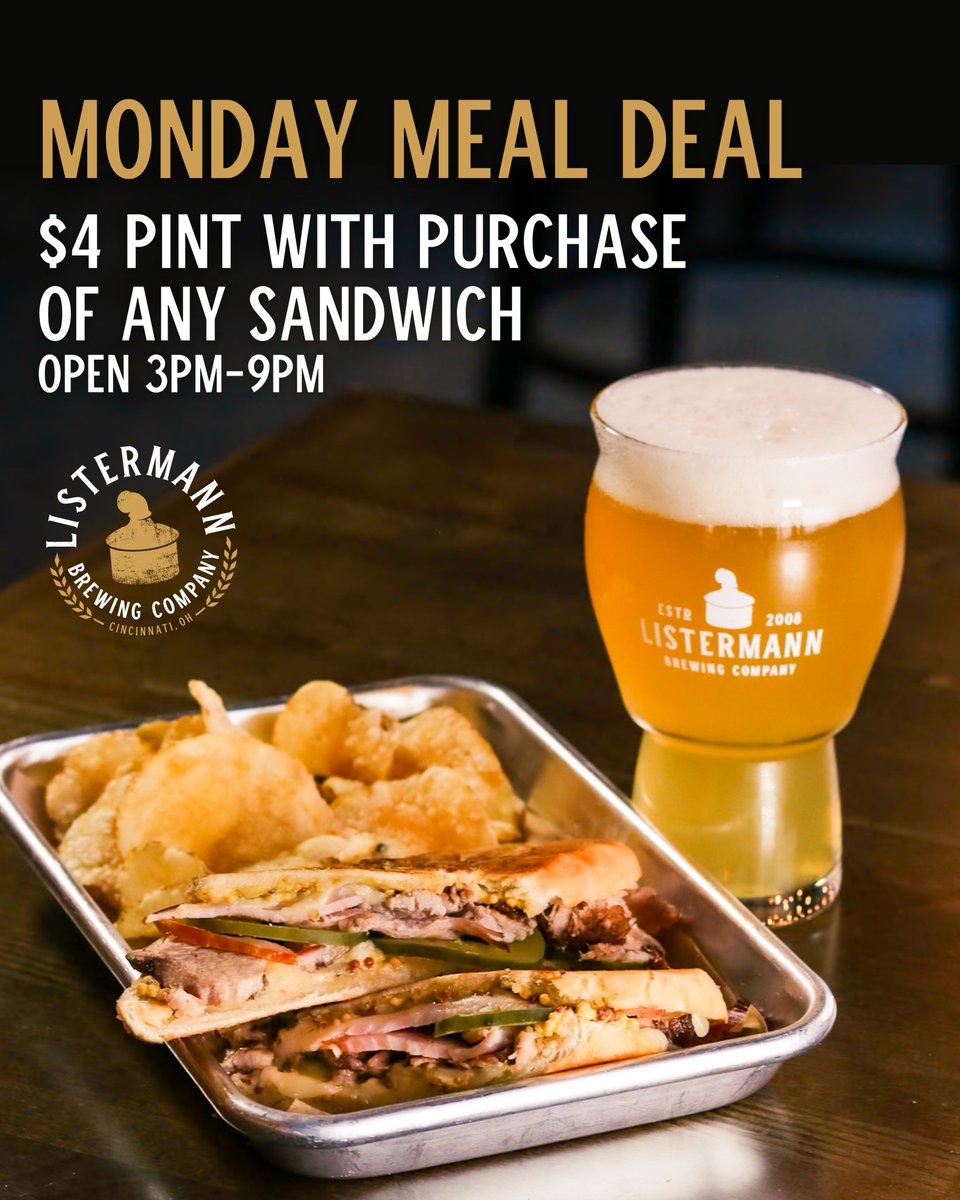 Start your week off right! Enjoy a $4 pint with the purchase of any sandwich every Monday. Cheers to delicious deals!🥪🍻

#listermannbreiwng #MondayMotivation #MealDeal #craftbeer #drinklocal