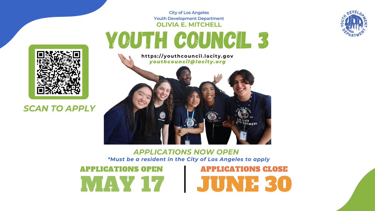 LACityView35's tweet photo. The Los Angeles #YouthDevelopment Department is excited to announce Cohort III of the Olivia Mitchell #LACity #YouthCouncil. Applications will be open from May 17- June 30 and can be found on the LA City Council website: https://t.co/PXiR71ac2B https://t.co/wDRFsIsH3e
