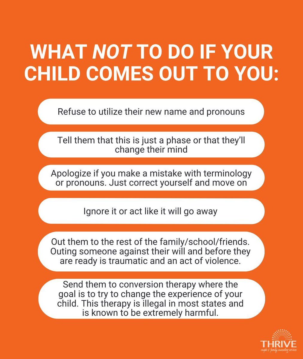 How you react as a parent to your child coming out is extremely important. 

It’s important to not minimize what your child is telling you. Here are some simple do’s and don’ts to help you react to your child in a way that shows love and support. buff.ly/3n7cfMa