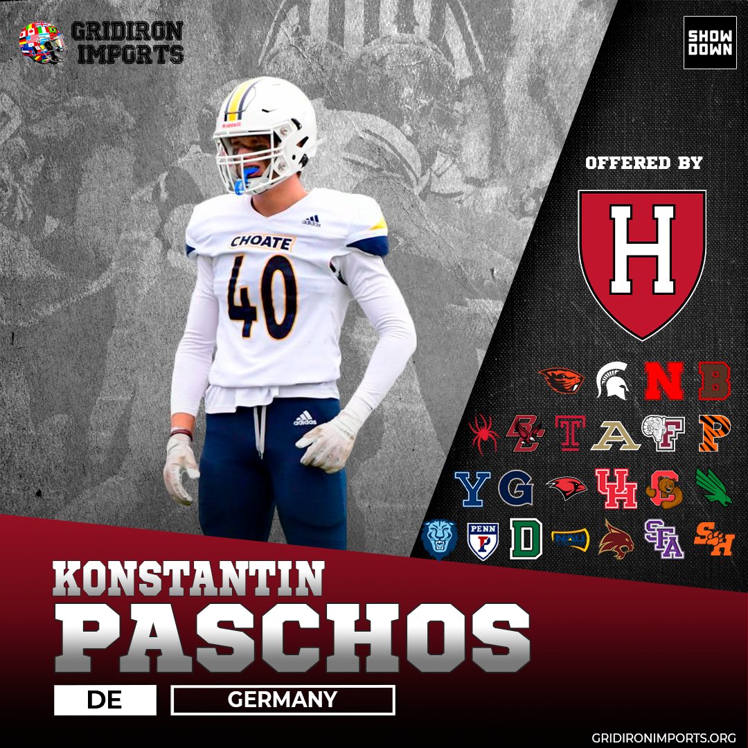 At 6'7 240lbs, <a href="/paschoko1/">Konstantin Paschos 🇩🇪</a> is a high-level DE prospect. Because he is the consummate student-athlete, the <a href="/IvyLeague/">Ivy League</a> is also hot on his trail.Congrats to Konstantin on his offer over the weekend from <a href="/HarvardFootball/">Harvard Football</a> 

<a href="/ShowdownVisuals/">Showdown Visuals</a>
<a href="/CRHFootball/">Choate Rosemary Hall Football 🐗</a>
<a href="/Dus_Panther/">Düsseldorf Panther</a> 
<a href="/coach_spinnato/">Coach Spinnato</a>