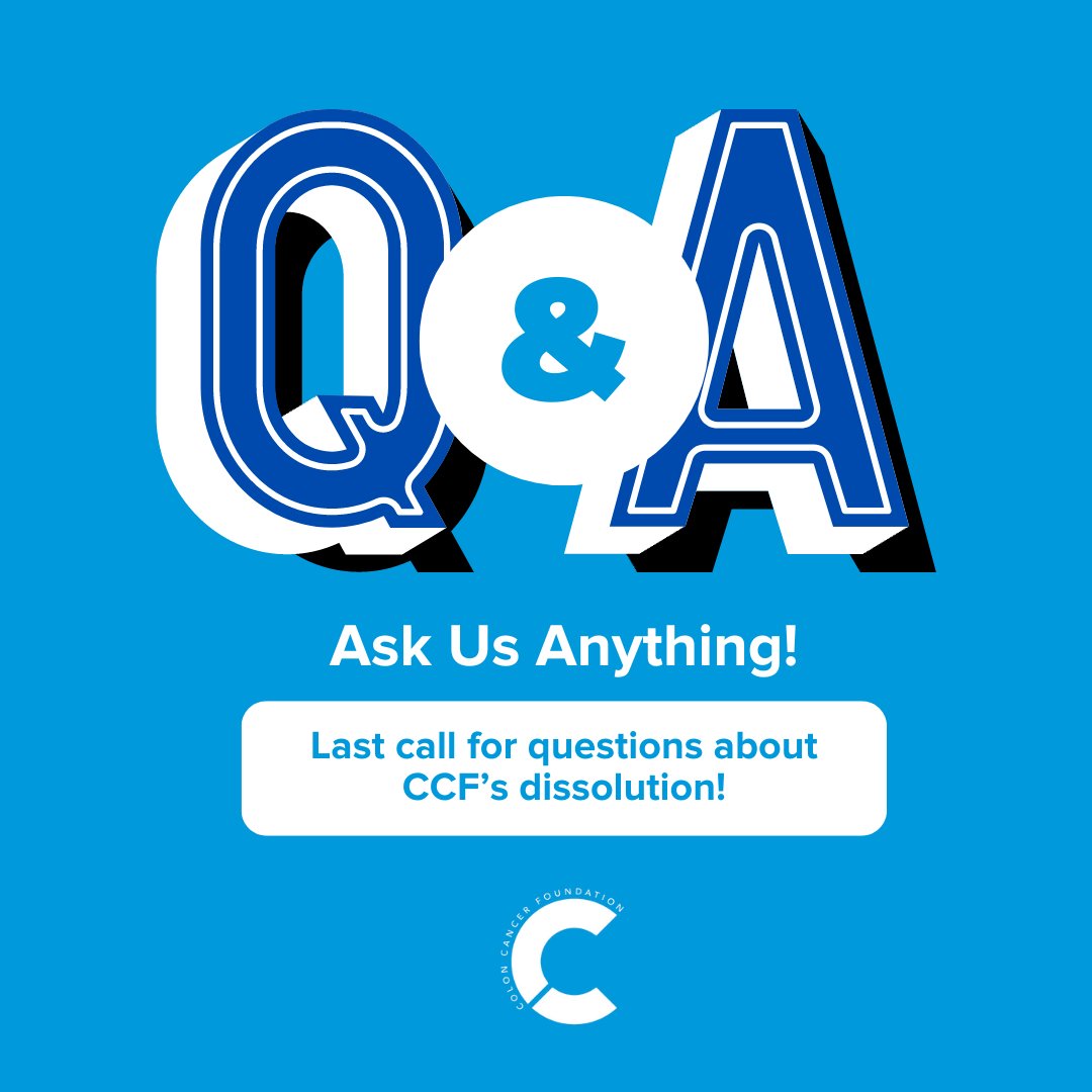Colon Cancer Foundation (@coloncancerfdn) on Twitter photo LAST CALL! CCF will hand over the reins to CCA at the end of the week. This is your final opportunity to ask any questions you have about our dissolution, so don't be shy! Comment here or email info@coloncancerfoundation.org. LAST CALL! CCF will hand over the reins to CCA at the end of the week. This is your final opportunity to ask any questions you have about our dissolution, so don't be shy! Comment here or email info@coloncancerfoundation.org.
