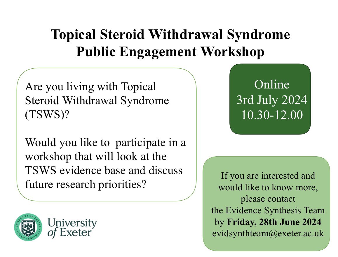 Are you living with Topical Steroid Withdrawal Syndrome? 

If so, we are looking for your input on the future research priorities for TSWS.

Please see below and contact us to find out more.

#TSWS #tsw #topicalsteroidwithdrawal 
<a href="/ITSANnonprofit/">ITSAN</a> <a href="/ScratchThat_UK/">Scratch That UK</a>