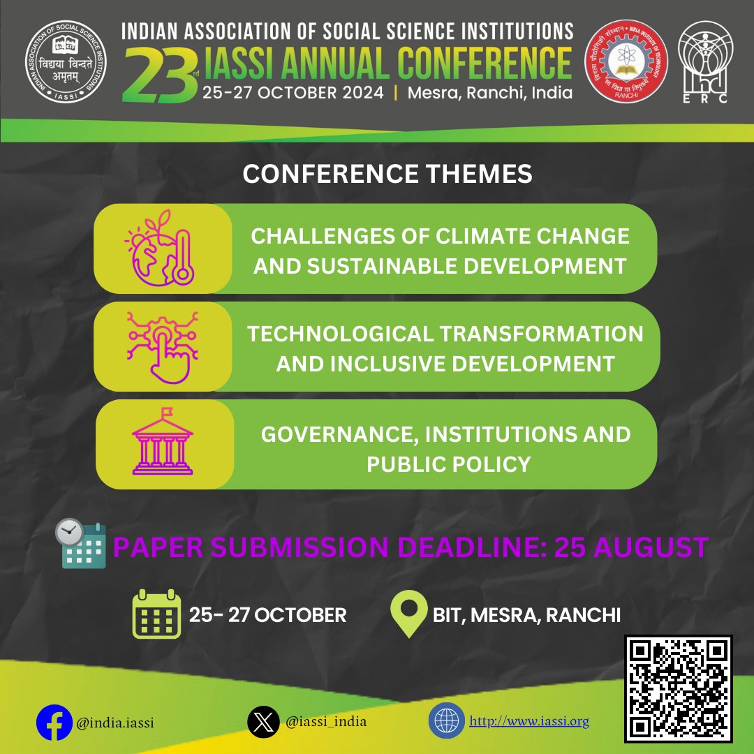 IASSI (@iassi_india) on Twitter photo Join us at 23rd IASSI Conference on Oct 25-27, <a href="/BITMesra_Ranchi/">Birla Institute of Technology, Mesra</a> Honoured to have <a href="/Sachin_Chat/">Sachin Chaturvedi</a> (IASSI Chairman) & <a href="/PrabhuSeeta/">Dr. Seeta Prabhu</a> (Conference President) leading this event.
To submit papers: bit.ly/3XxGS0M
#IASSI2024 #SocialScience #ClimateChange #Tech #PublicPolicy Join us at 23rd IASSI Conference on Oct 25-27, <a href="/BITMesra_Ranchi/">Birla Institute of Technology, Mesra</a> Honoured to have <a href="/Sachin_Chat/">Sachin Chaturvedi</a> (IASSI Chairman) & <a href="/PrabhuSeeta/">Dr. Seeta Prabhu</a> (Conference President) leading this event.
To submit papers: bit.ly/3XxGS0M
#IASSI2024 #SocialScience #ClimateChange #Tech #PublicPolicy