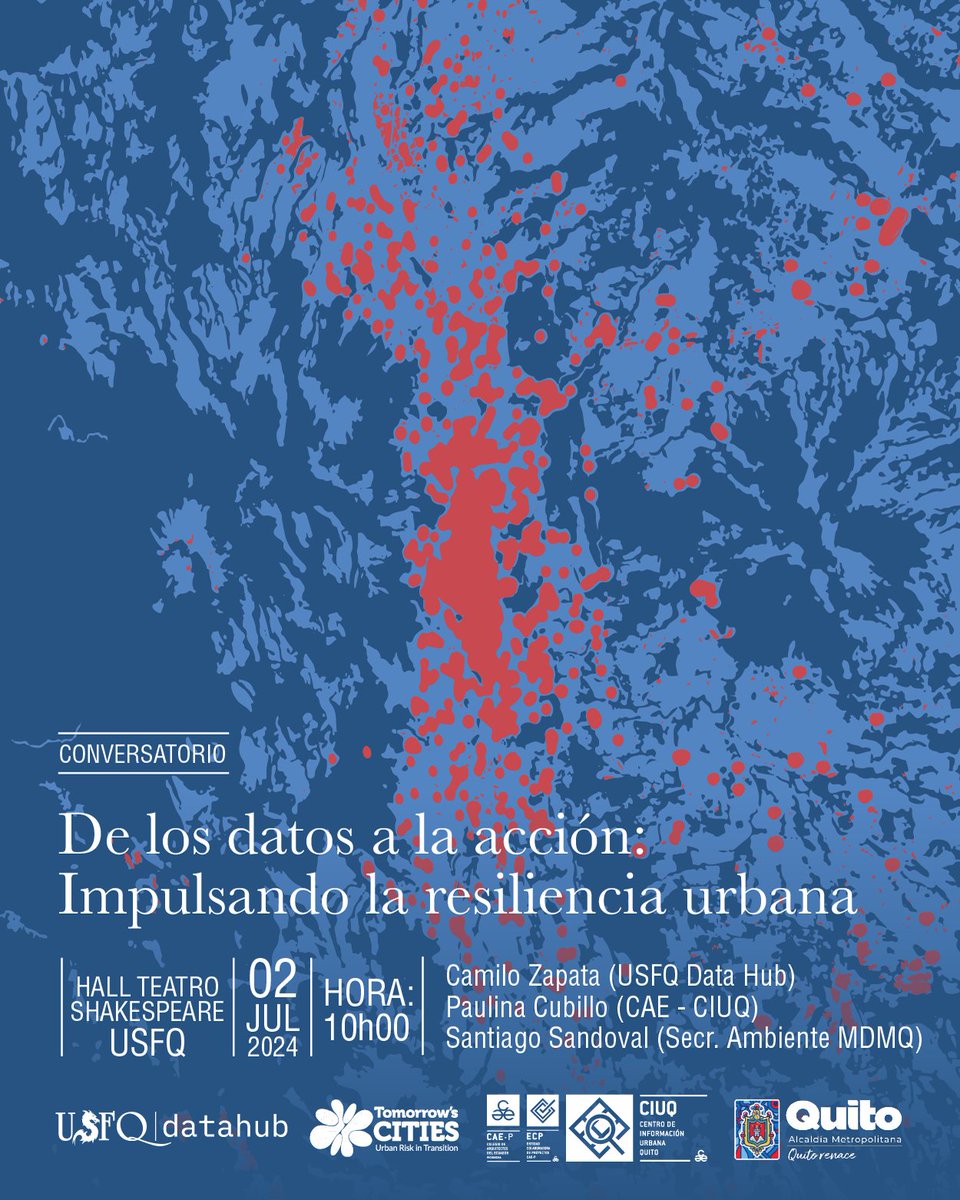 USFQ Data Hub (@usfq_datahub) on Twitter photo Próximo martes 2 de julio en <a href="/USFQ_Ecuador/">Universidad San Francisco de Quito</a>: Gobierno municipal 🤝 sociedad civil 🤝 academia nos juntamos para hablar de datos y ciudades resilientes.
➡️ Conversaremos con Paulina Cubillo del <a href="/ciuq_ec/">CIUQ Centro de información Urbana Quito</a>, Santiago Sandoval de <a href="/ambientequito/">Ambiente Quito</a> y Camilo Zapata de USFQdatahub. Próximo martes 2 de julio en <a href="/USFQ_Ecuador/">Universidad San Francisco de Quito</a>: Gobierno municipal 🤝 sociedad civil 🤝 academia nos juntamos para hablar de datos y ciudades resilientes.
➡️ Conversaremos con Paulina Cubillo del <a href="/ciuq_ec/">CIUQ Centro de información Urbana Quito</a>, Santiago Sandoval de <a href="/ambientequito/">Ambiente Quito</a> y Camilo Zapata de USFQdatahub.