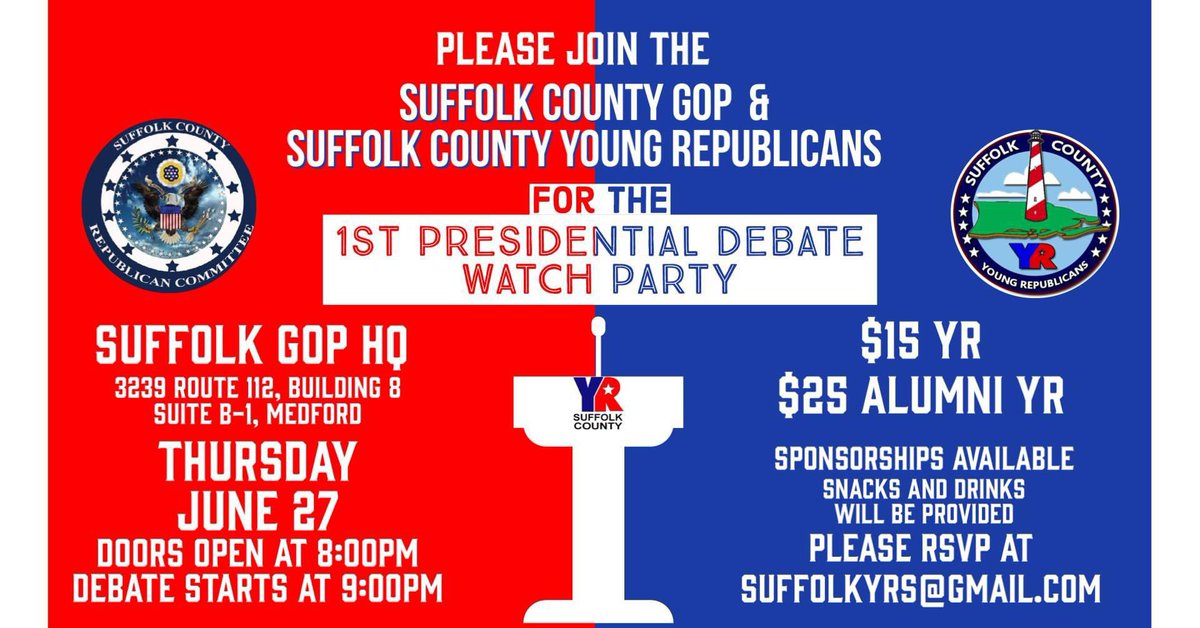 SuffolkCountyYR's tweet photo. This is an event you won’t be want to miss!! 

Join us and @GopSuffolk  for a debate watch party as we cheer on President Trump!! ❤️🇺🇸 https://t.co/yZi4pVOTKQ