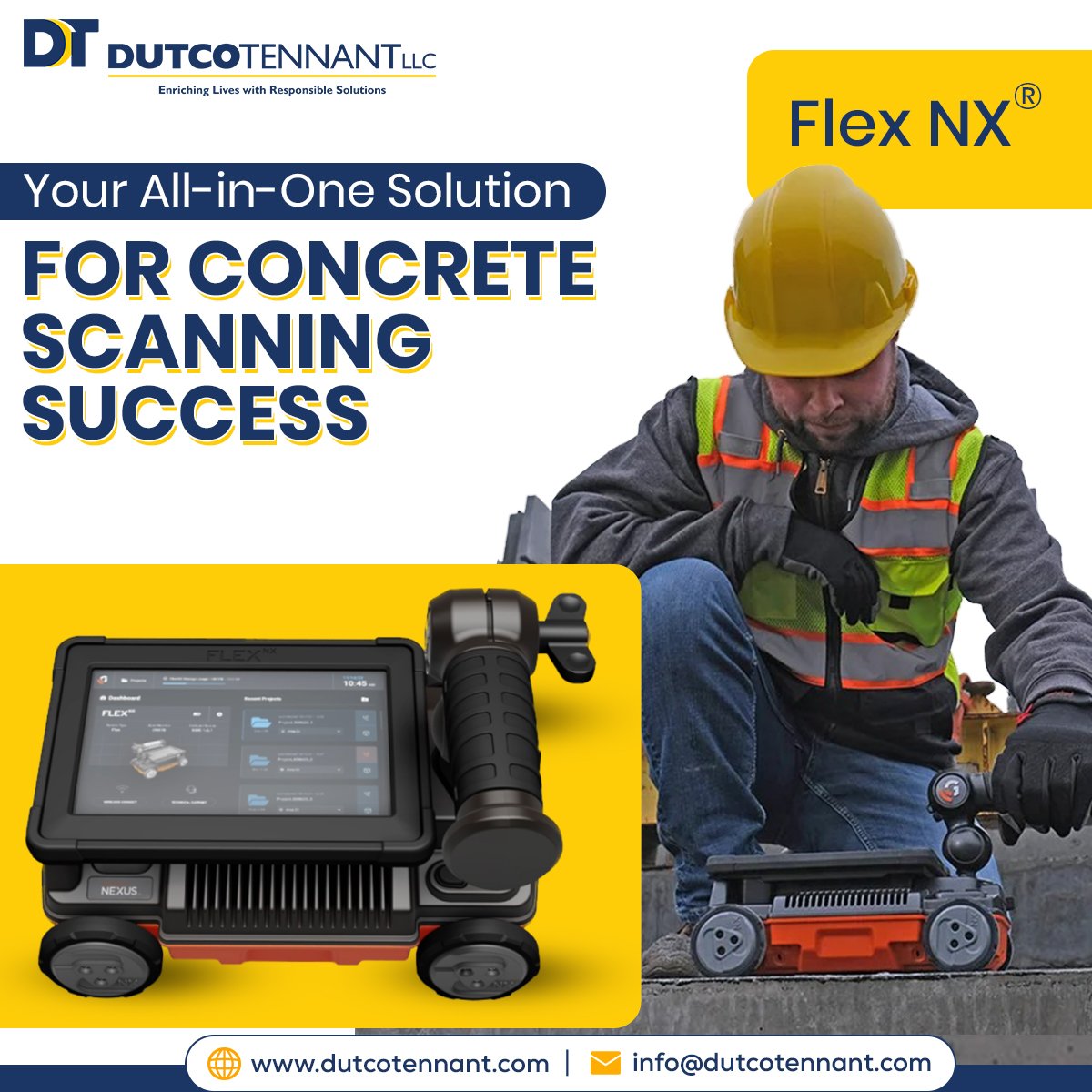 Dutcotennant's tweet image. Empower your #construction projects with the industry&apos;s most powerful and efficient #concretescanner - 𝐅𝐥𝐞𝐱 𝐍𝐗®! With a large integrated touchscreen display and intuitive interface, navigating through your scans is effortless. 
#DutcoTennantLLC