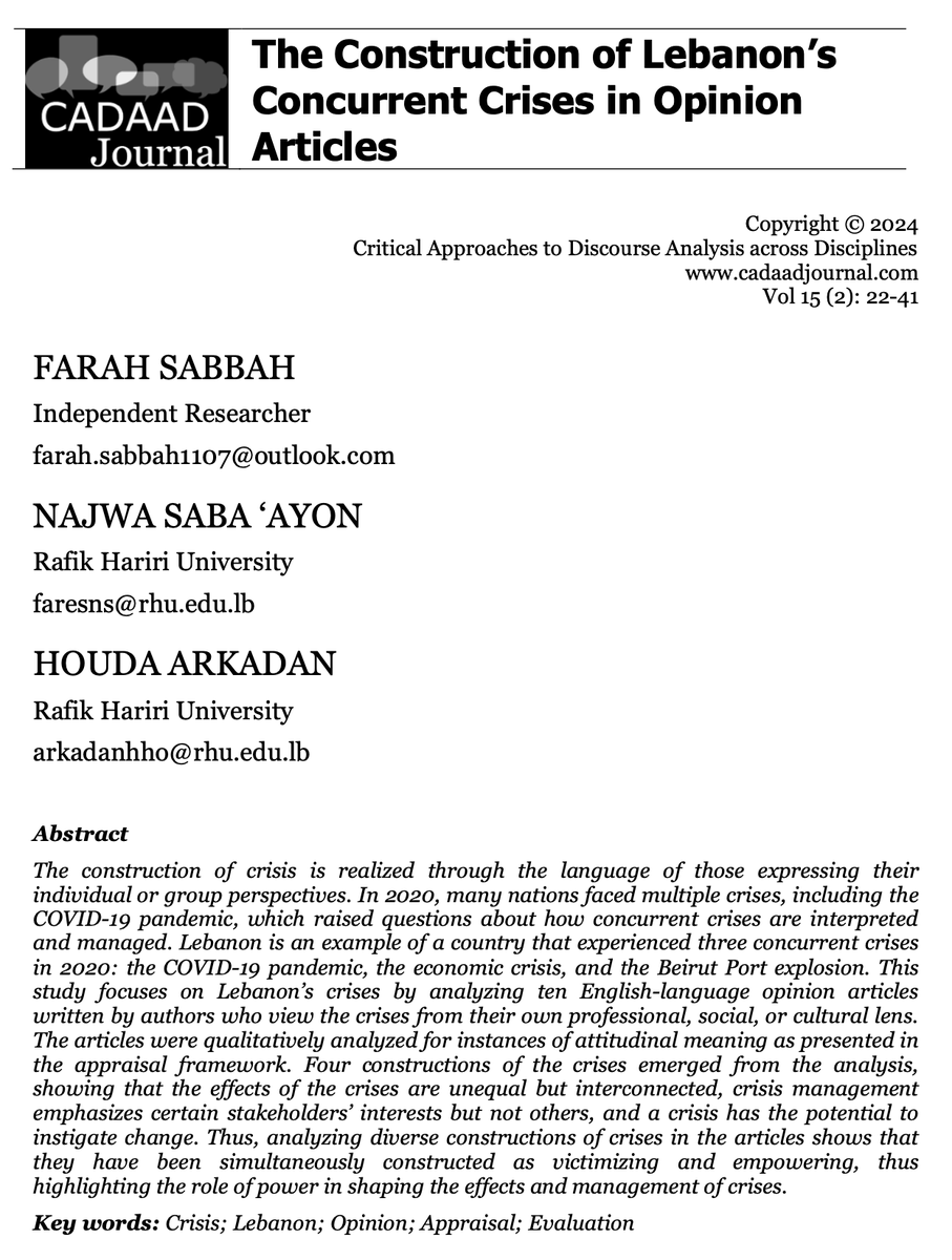 The second article that is now out from Special Issue 15(2) by Farah Sabbah, Najwa Saba’ayon, &amp; Houda Arkadan titled "The Construction of Lebanon’s Concurrent Crises in Opinion Articles" is also available on the website: lancaster.ac.uk/fass/journals/…