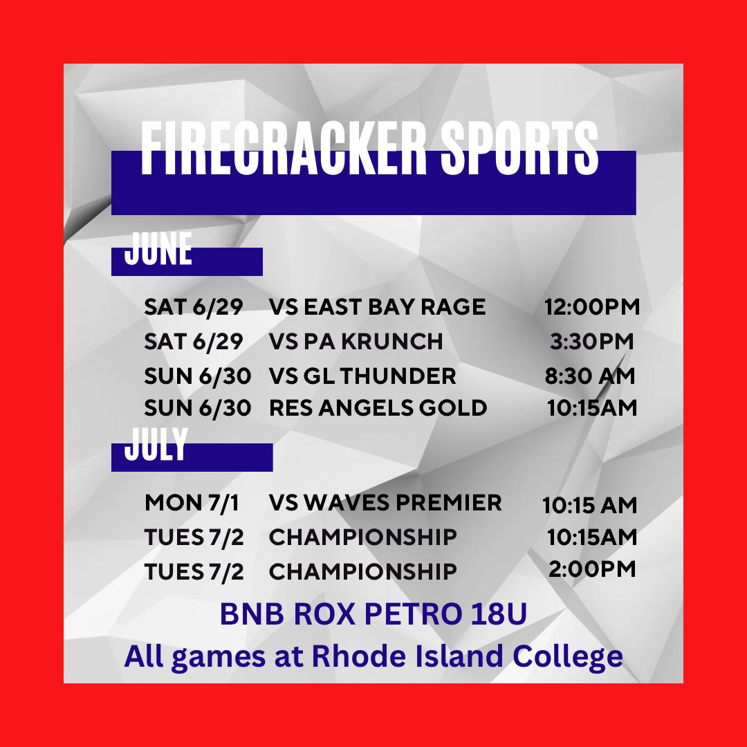 Firecracker sports Tournament this upcoming weekend at Rhode Island College! Here is my schedule.