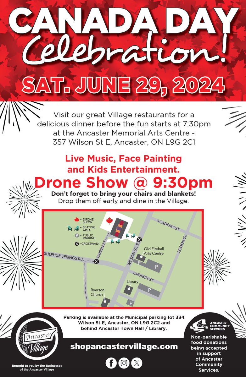 The Ancaster BIA is holding a 🇨🇦 Canada Day 🇨🇦 celebration! Visit the Ancaster Memorial Arts Center on Saturday, June 29th at 7:30pm for an evening celebration including live music, kids entertainment, and a Drone Show!
For more information, visit shopancastervillage.com/news-events/ca… #HamOnt