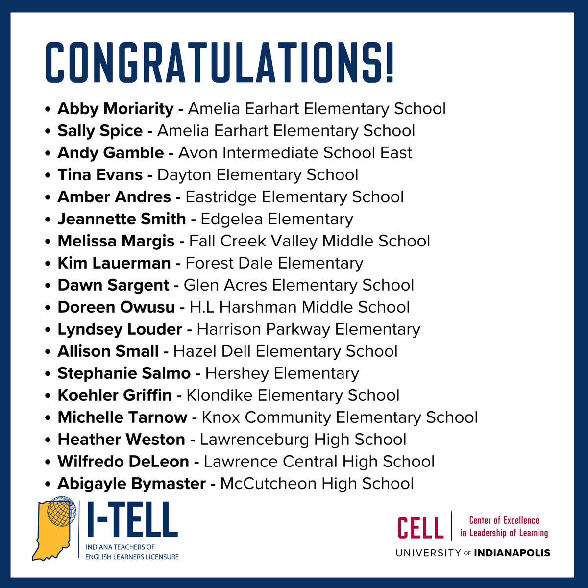 CELLuindy's tweet photo. Congratulations to these teachers who completed coursework through CELL’s #ITELL initiative to earn ENL licensure and become teachers of record for English learners! Learn more at https://t.co/KSnbPfz5pm and look for more completions this week!
@EducateIN @LSClafayette @OrioleTweets @TSCSuper @msdwarren @ltgoodnews @myccs @IPSSchools @HSESchools @NobSchools @LawrenceburgCSC