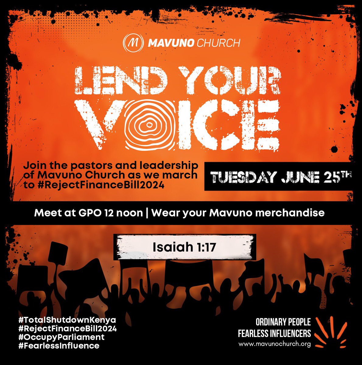 🚨 Calling all Fearless Influencers 

 Learn to do good; seek justice, correct oppression; bring justice. 
Isaiah 1:17

#RejectFinanceBill2024