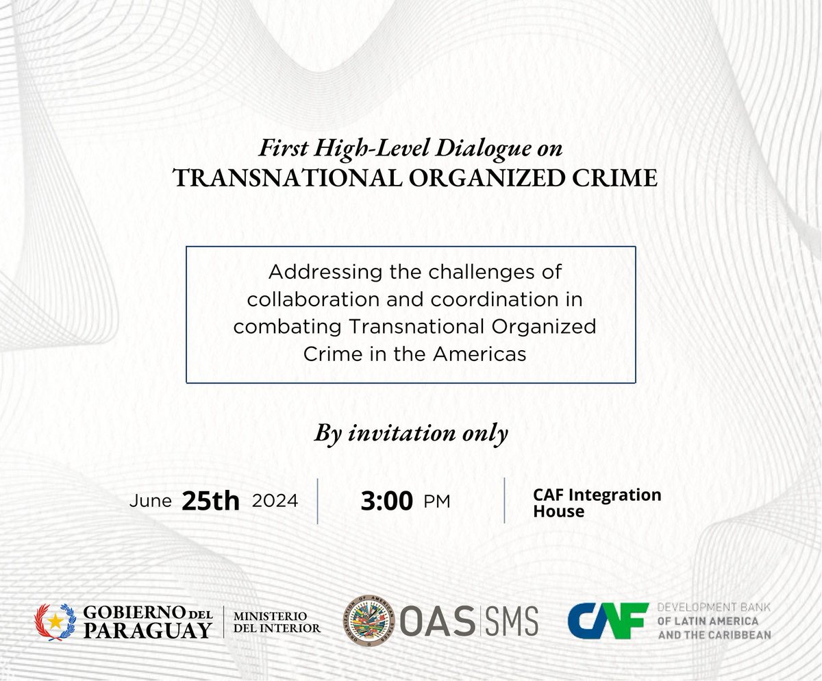 OEA_DDOT's tweet image. #TOMORROW, within the framework of #OASAssembly 🇵🇾, the Dialogue @OAS_Official-@AgendaCAF will take place on new trends and strategies to effectively combat #TransnationalOrganizedCrime in 🌎. @mreparaguay
