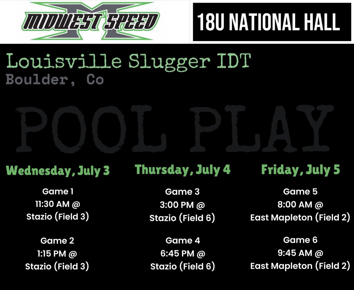 Ava Ihle (@avaihle) on Twitter photo Weβre heading to the ποΈποΈ next week!
Follow us at the Colorado IDT
Pool Play Schedule Belowβ¬οΈ
<a href="/MIDWESTSPEEDSC/">Sean Hall</a> <a href="/midwestspeed16/">Midwest Speed 18U National Hall</a>
<a href="/D1Softball/">D1Softball</a> <a href="/CoastRecruits/">Coast 2 Coast Recruits</a> <a href="/NCAASoftball/">NCAA Softball</a> <a href="/rsmidwest/">RISE Softball-Midwest</a> Weβre heading to the ποΈποΈ next week!
Follow us at the Colorado IDT
Pool Play Schedule Belowβ¬οΈ
<a href="/MIDWESTSPEEDSC/">Sean Hall</a> <a href="/midwestspeed16/">Midwest Speed 18U National Hall</a>
<a href="/D1Softball/">D1Softball</a> <a href="/CoastRecruits/">Coast 2 Coast Recruits</a> <a href="/NCAASoftball/">NCAA Softball</a> <a href="/rsmidwest/">RISE Softball-Midwest</a>