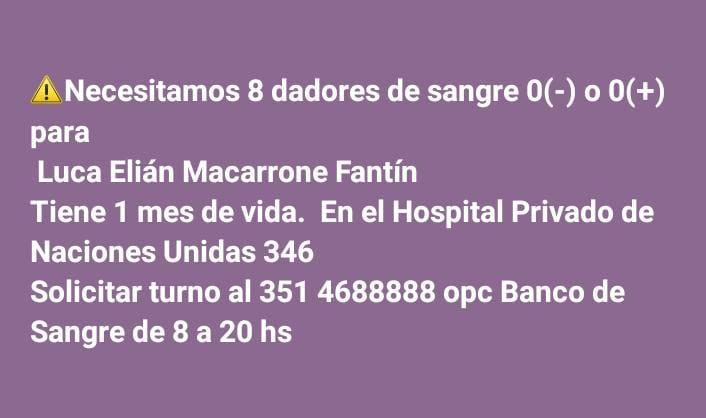 Luca tiene poquitos días de vida y necesita dadores de sangre en Córdoba. Su familia se los agradecerá. 💛