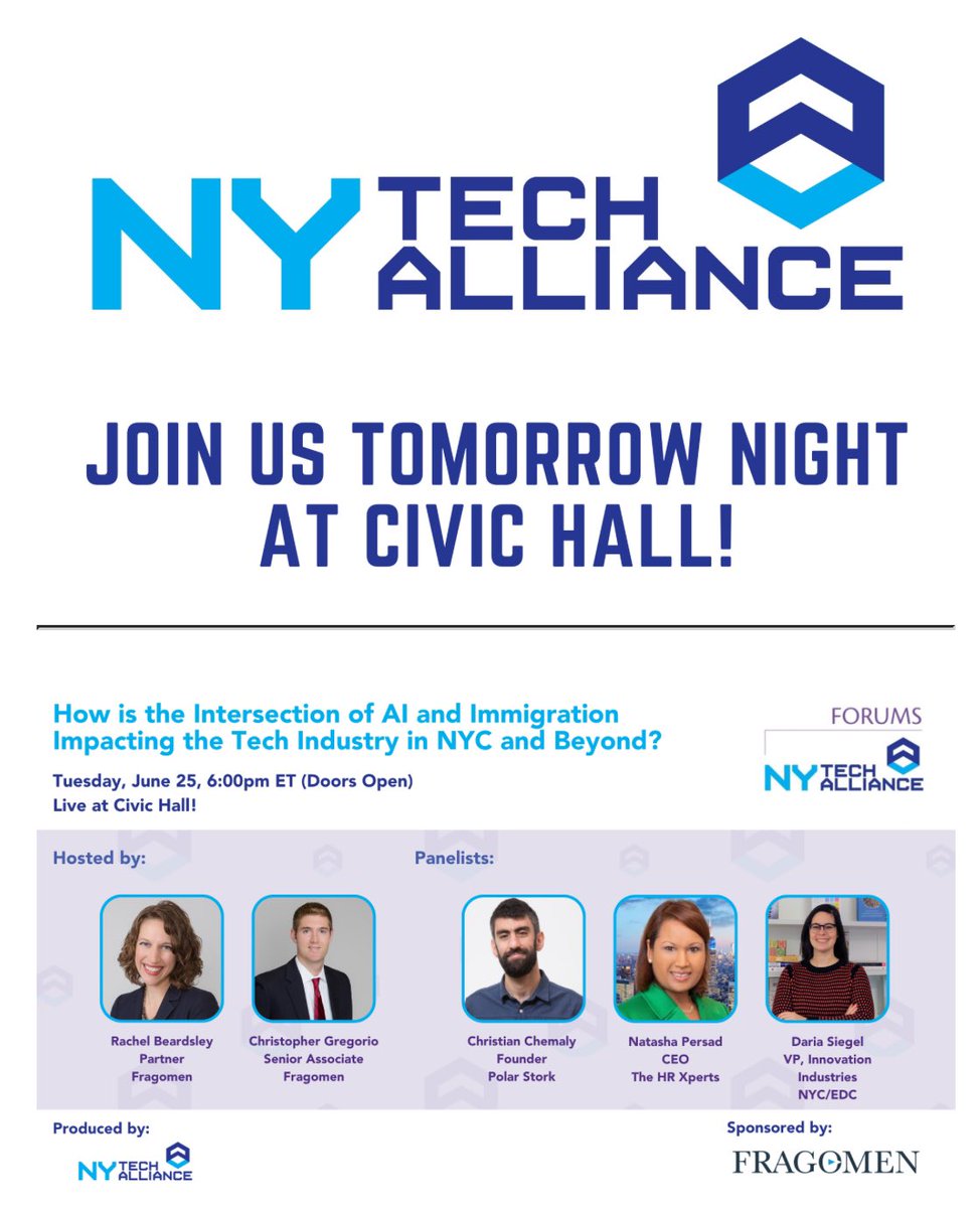 Join us tomorrow for an electrifying event that you won't want to miss! We have gathered an esteemed panel of industry leaders to discuss how the tech industry is harnessing U.S. immigration policies to drive growth and success in today's marketplace. <a href="/CharlieNYC/">Charlie Stephens</a> <a href="/andruyeung/">Andrew Yeung</a>