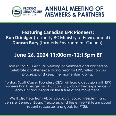 The <a href="/productsteward/">Product Stewardship Institute</a> (PSI) AGM takes place this Wed, June 26. PSI will be honouring two Canadian EPR pioneers, Duncan Bury and Ron Driedger, who will discuss how Canada’s early work helped support the growth of EPR in the U.S. To register, visit us02web.zoom.us/meeting/regist…