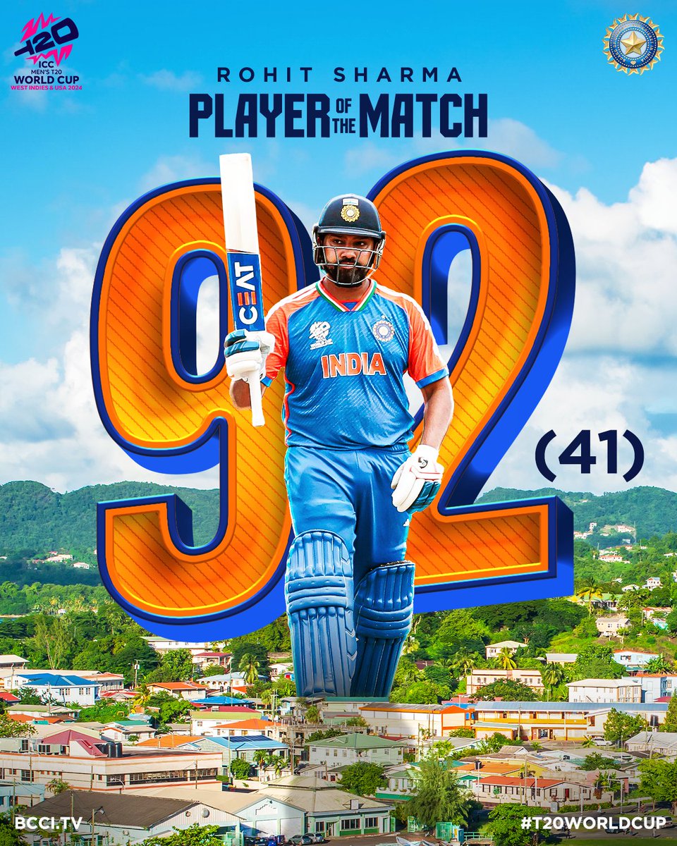 BCCI's tweet photo. Talk about leading from the front 🫡

Captain Rohit Sharma put on a stunning show with the bat to set up #TeamIndia's win &amp; bagged the Player of the Match award 👏 👏

#T20WorldCup | #AUSvIND | @ImRo45 https://t.co/gCo66HWeVa
