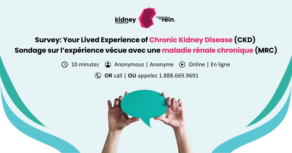 Do you have lived experience with chronic #kidneydisease (CKD), either as a patient, caregiver, or living donor? We want to hear from you! Participate in our #survey and help improve the future of CKD care in #Canada: bit.ly/CKDSurvey-X3 #Advocacy #Health #KidneyCare